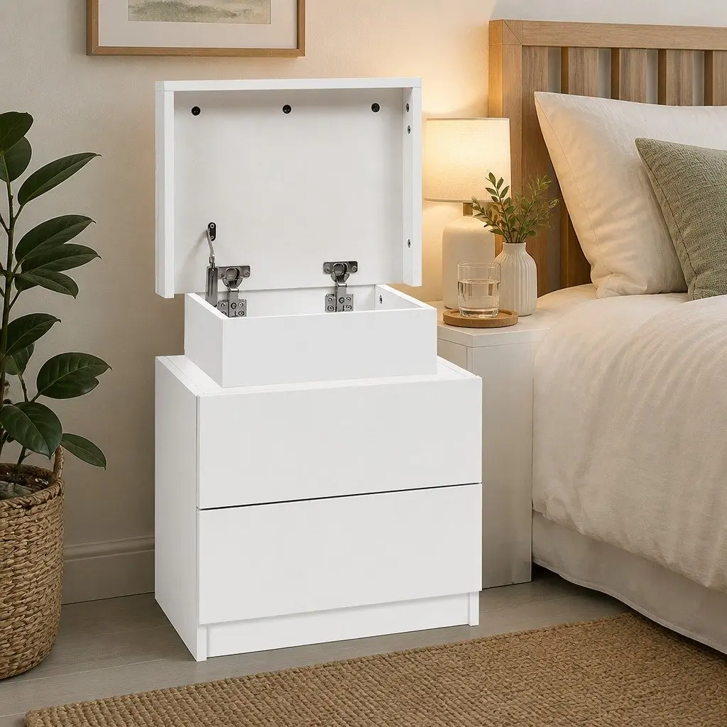Bedside Table 2 Drawers Lift-up Storage White Modern Design Bedroom Side Table