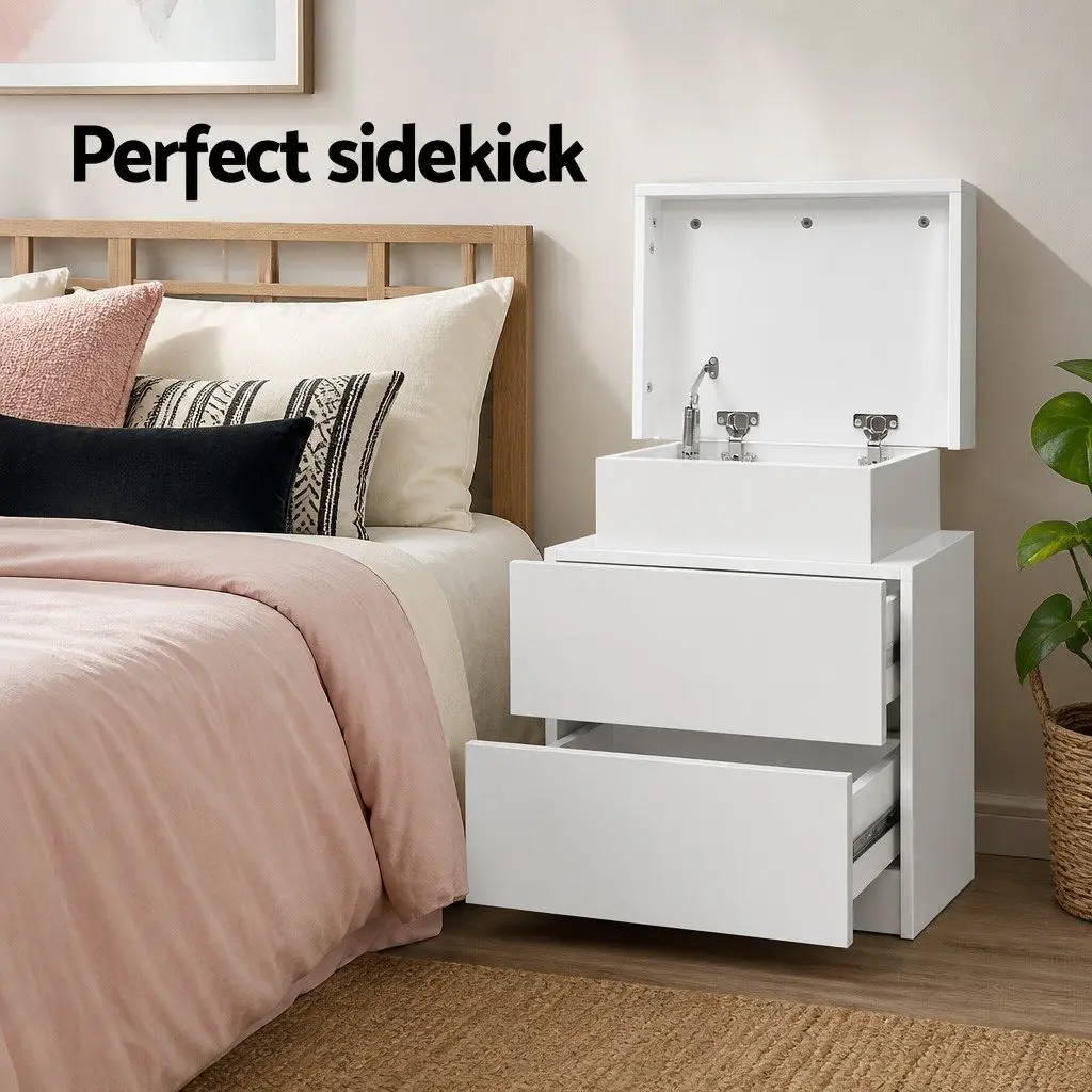Bedside Table 2 Drawers Lift-up Storage White Modern Design Bedroom Side Table