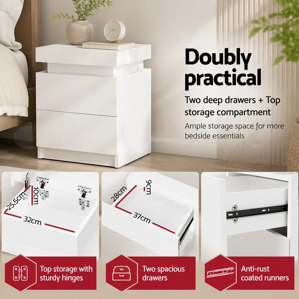 Bedside Table 2 Drawers Lift-up Storage White Modern Design Bedroom Side Table