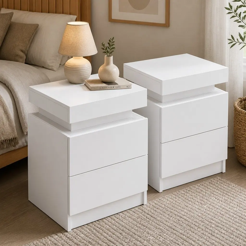 Bedside Table 2 Drawers Lift-up Storage White Modern Design Bedroom Side Table