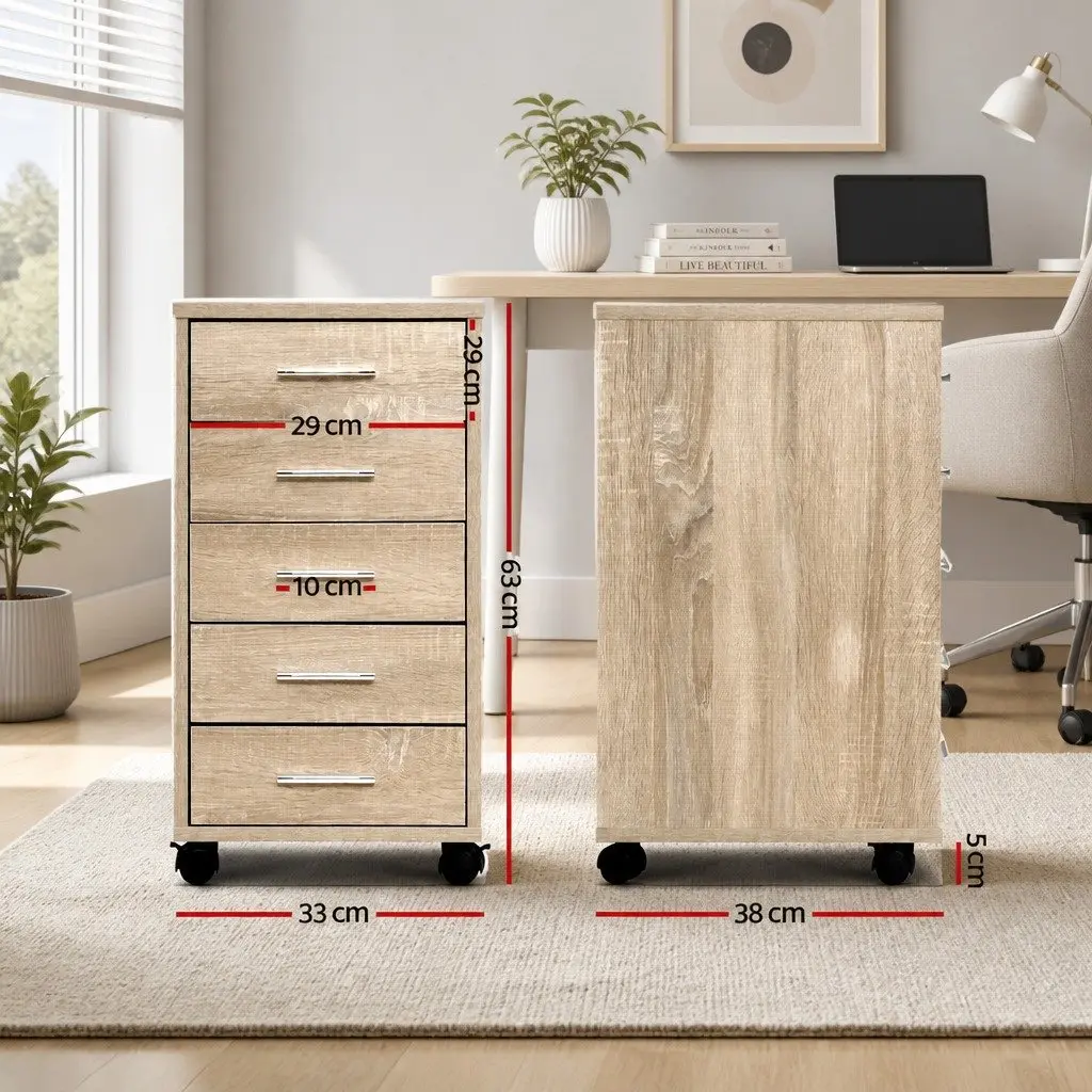 Mobile Filing Cabinet Home Office Storage Organiser 5 Drawer Beige Wood Tone