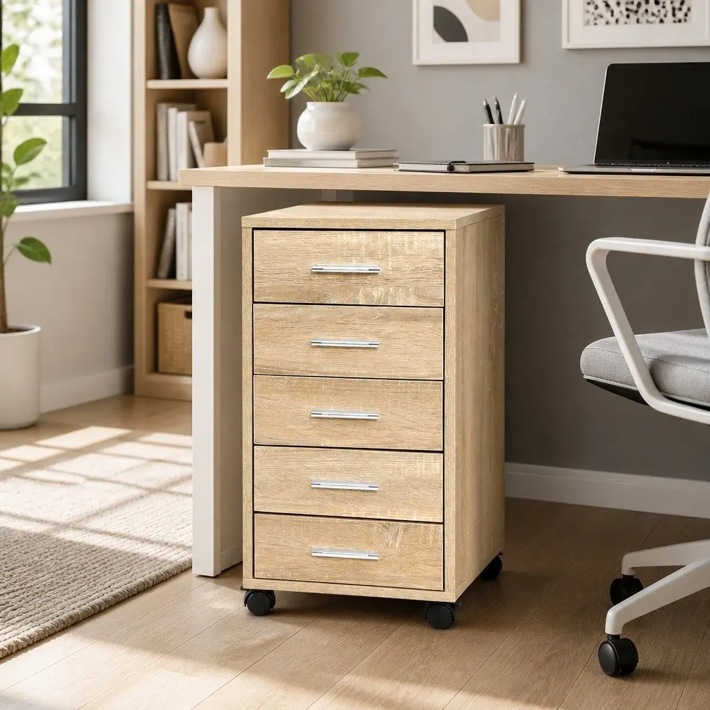 Mobile Filing Cabinet Home Office Storage Organiser 5 Drawer Beige Wood Tone