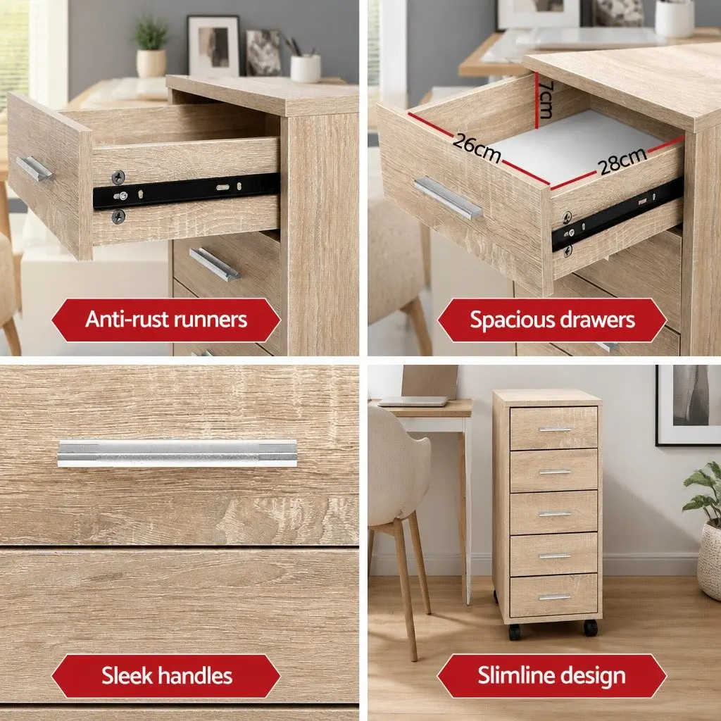 Mobile Filing Cabinet Home Office Storage Organiser 5 Drawer Beige Wood Tone