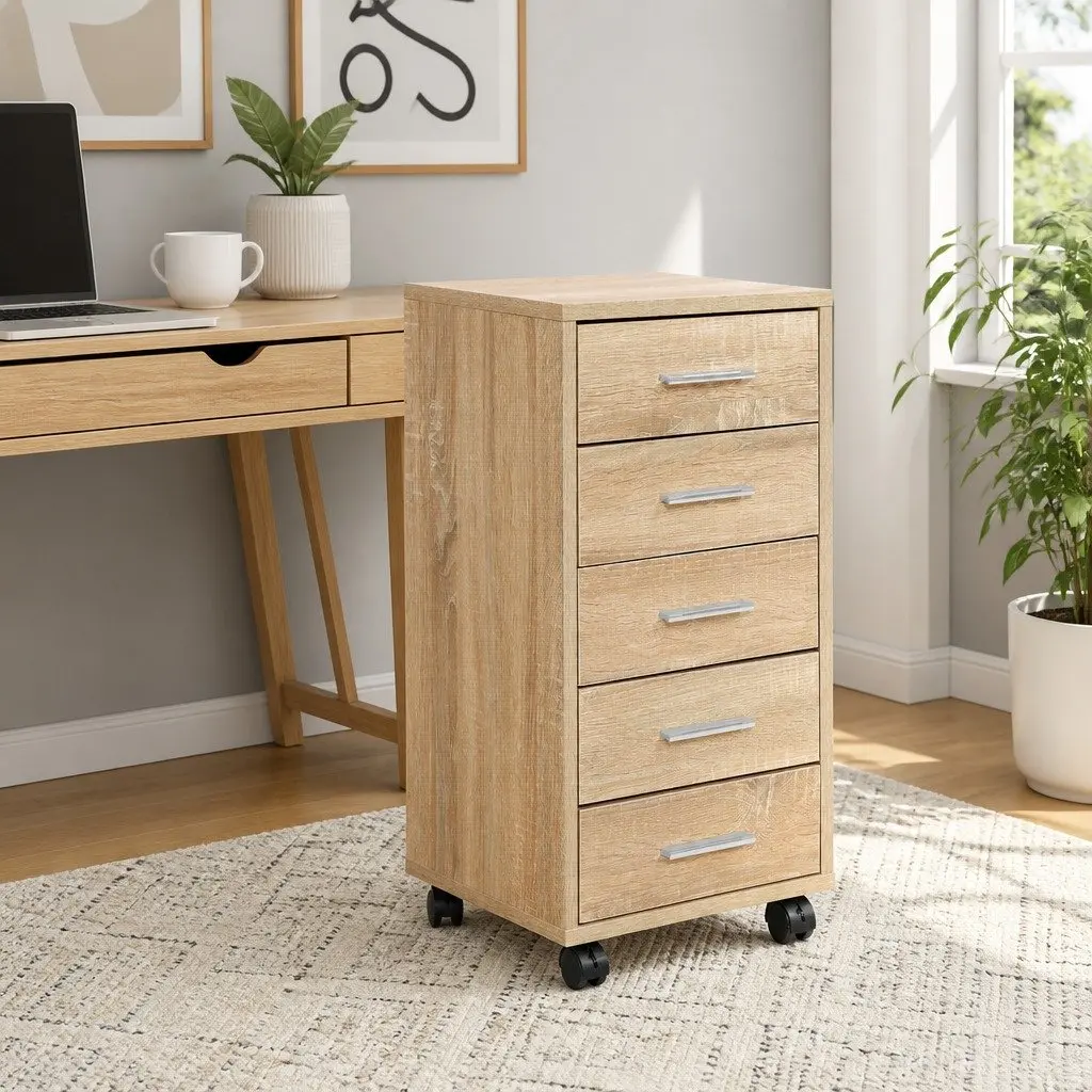 Mobile Filing Cabinet Home Office Storage Organiser 5 Drawer Beige Wood Tone