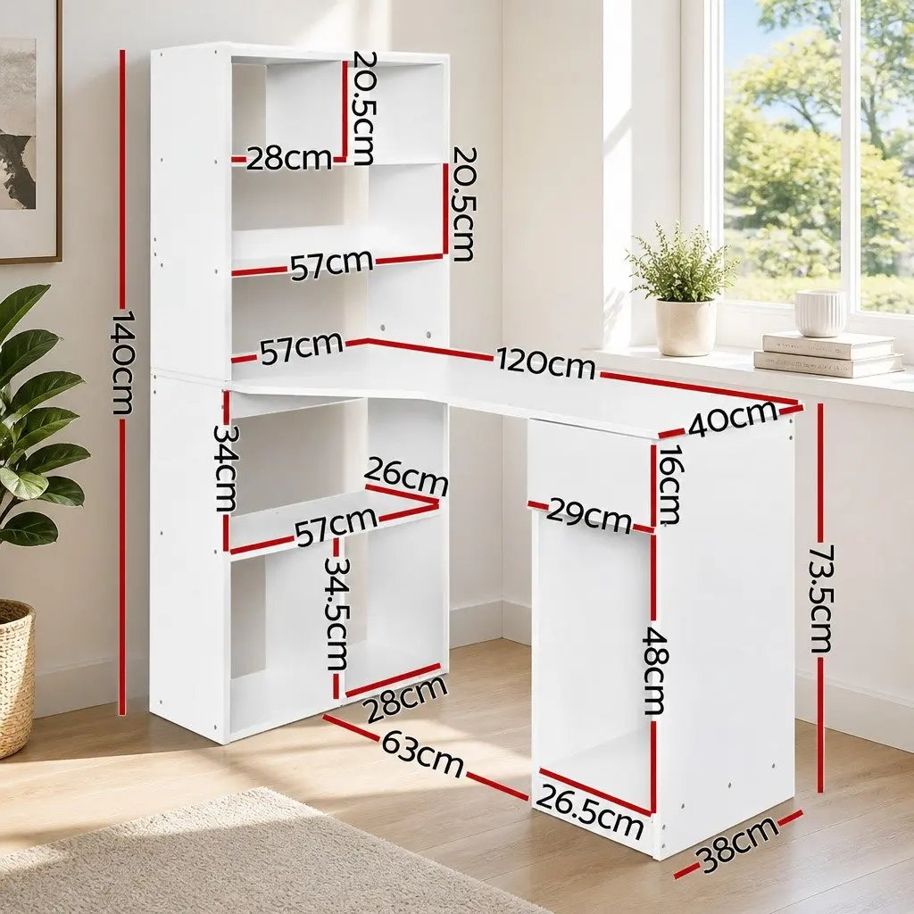 Computer Desk with 5-Tier Bookshelf Drawer Storage Workstation White 120cm