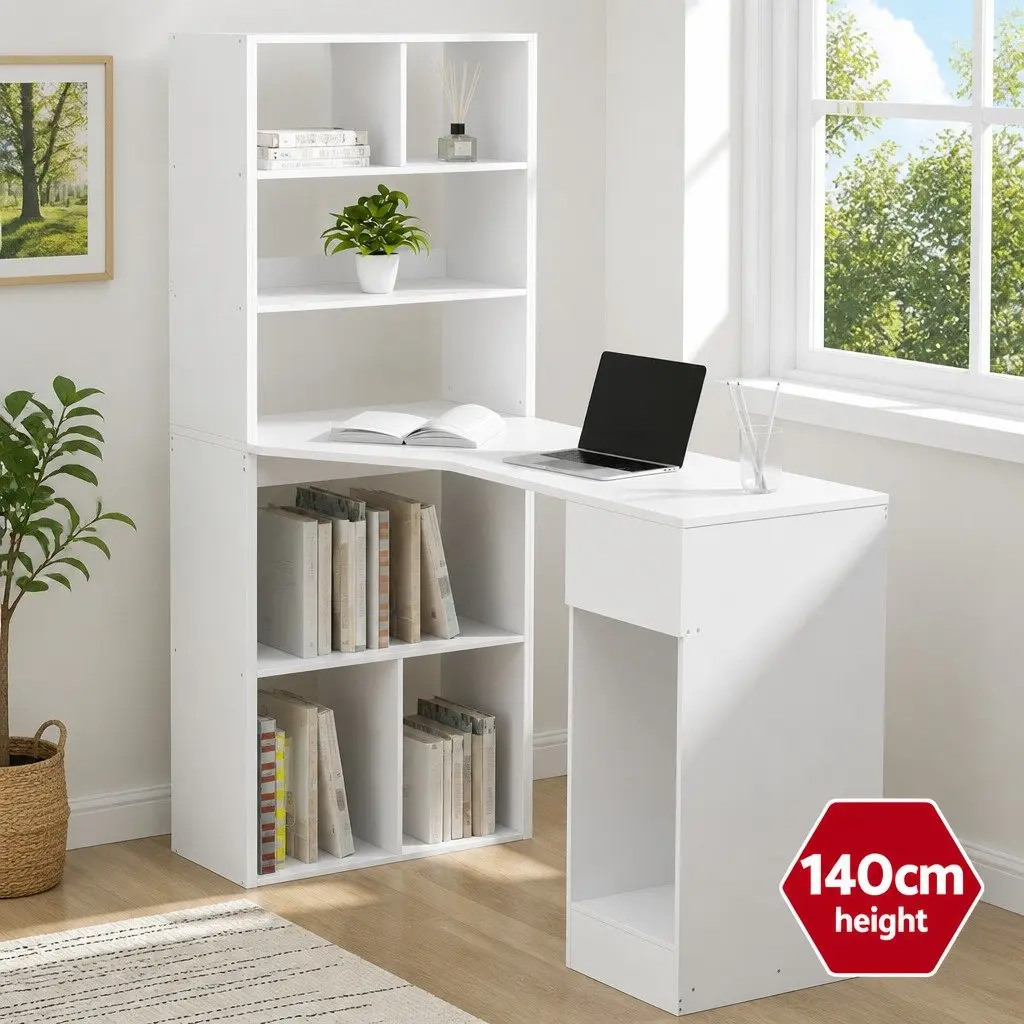 Computer Desk with 5-Tier Bookshelf Drawer Storage Workstation White 120cm