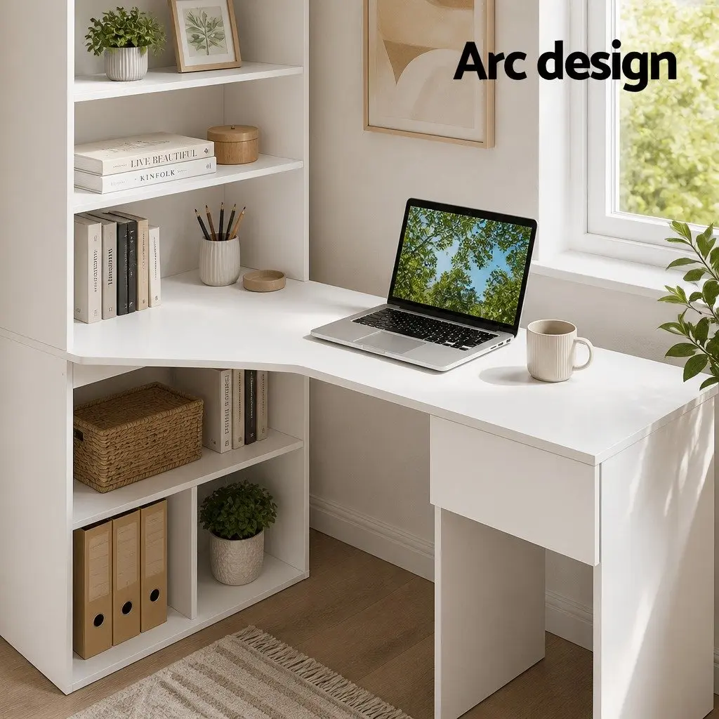 Computer Desk with 5-Tier Bookshelf Drawer Storage Workstation White 120cm