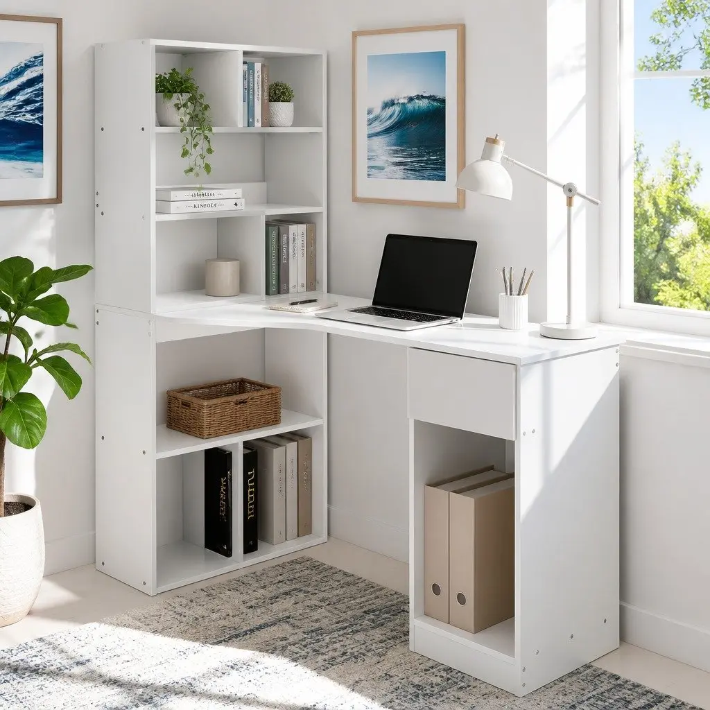 Computer Desk with 5-Tier Bookshelf Drawer Storage Workstation White 120cm