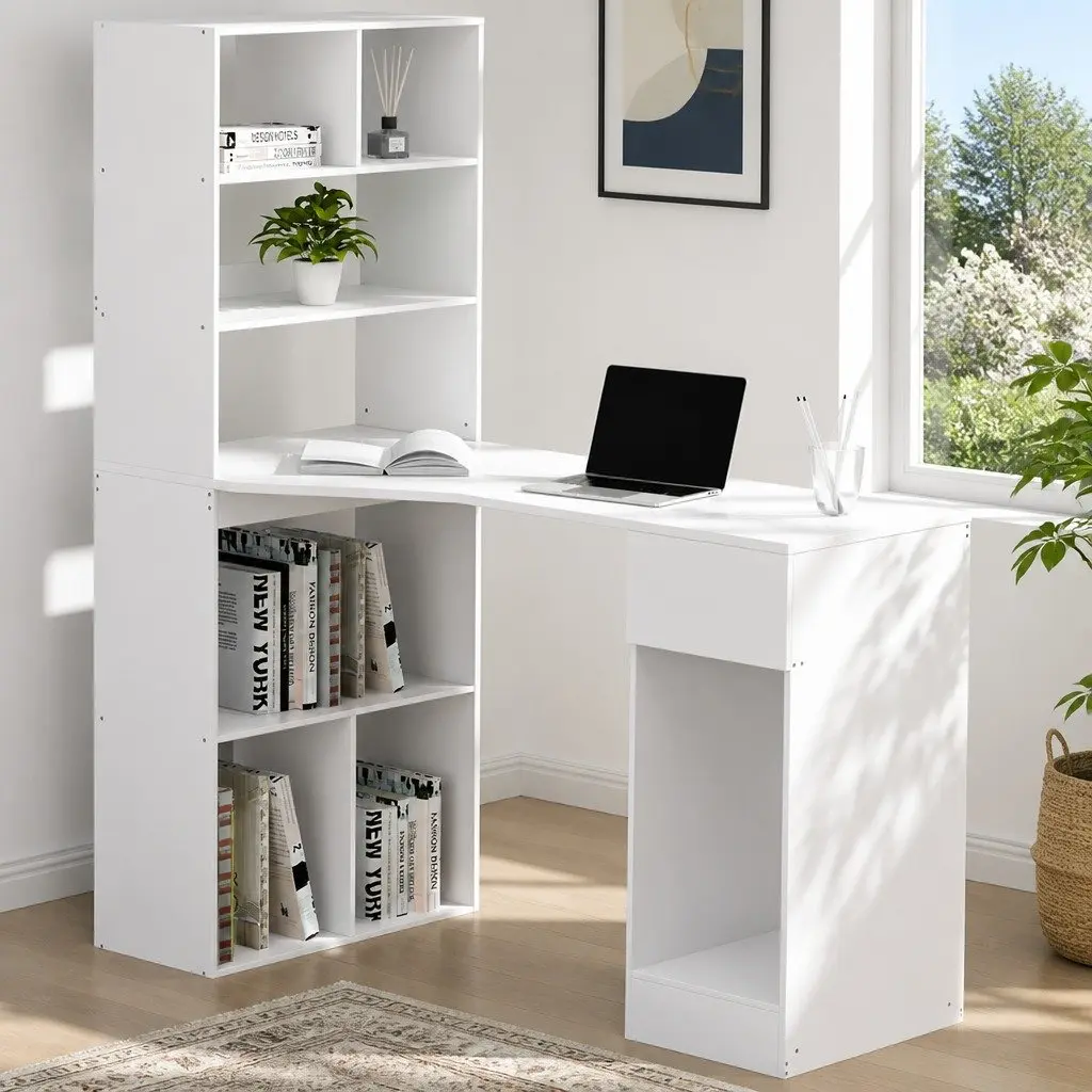Computer Desk with 5-Tier Bookshelf Drawer Storage Workstation White 120cm