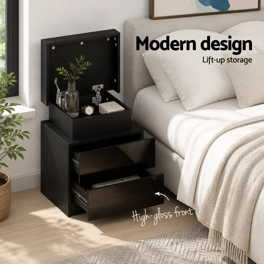 Bedside Table with LED Lighting 2 Drawers Lift-up Storage Black Modern Design