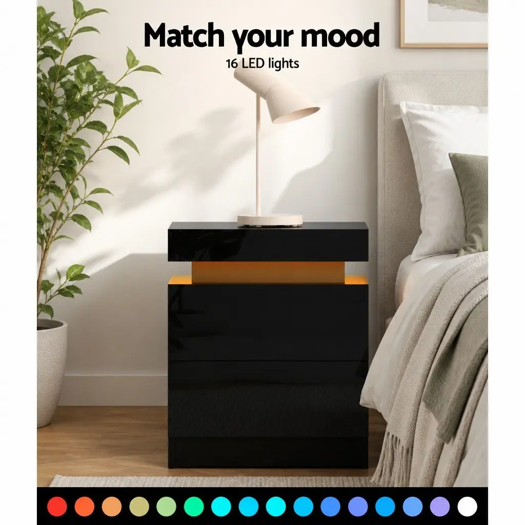 Bedside Table with LED Lighting 2 Drawers Lift-up Storage Black Modern Design