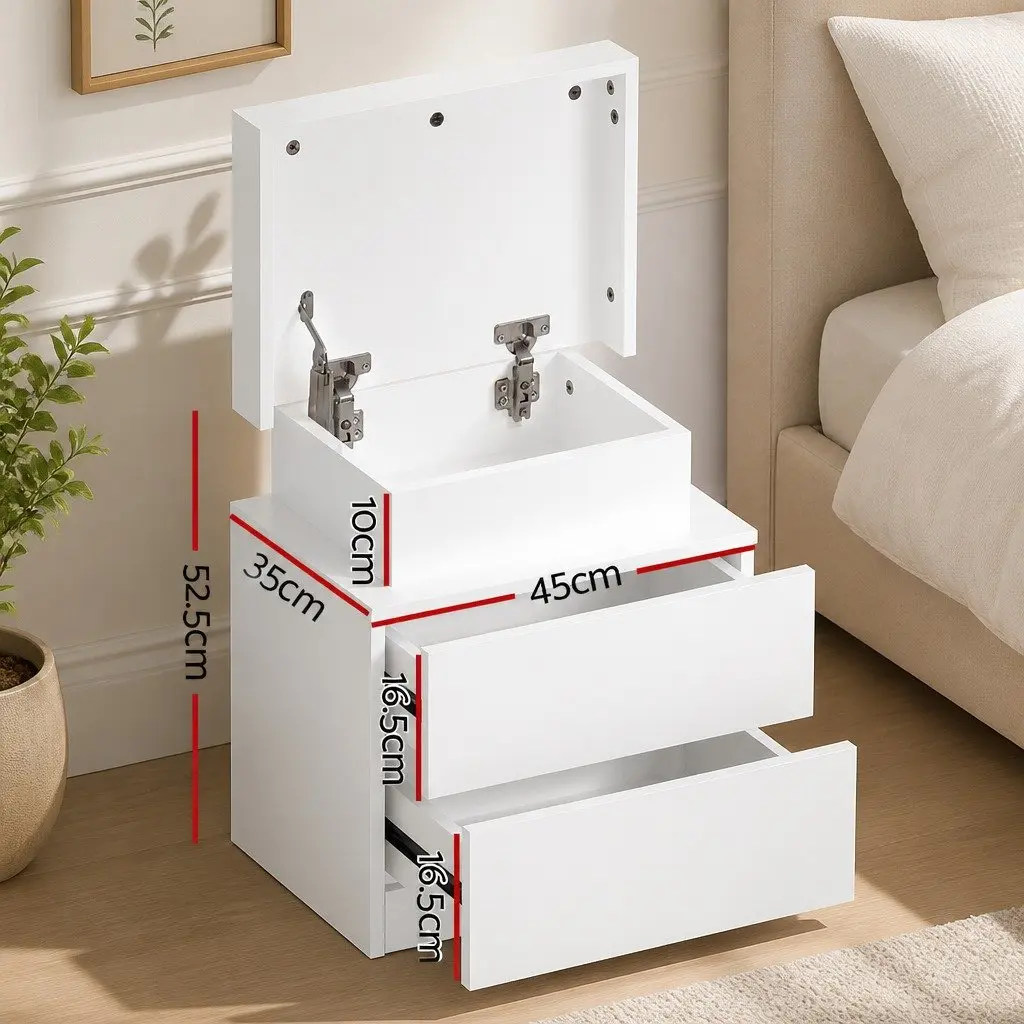 Bedside Table with LED Lights 2 Drawers Lift-up Storage White Modern Bedroom
