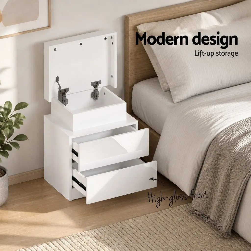 Bedside Table with LED Lights 2 Drawers Lift-up Storage White Modern Bedroom