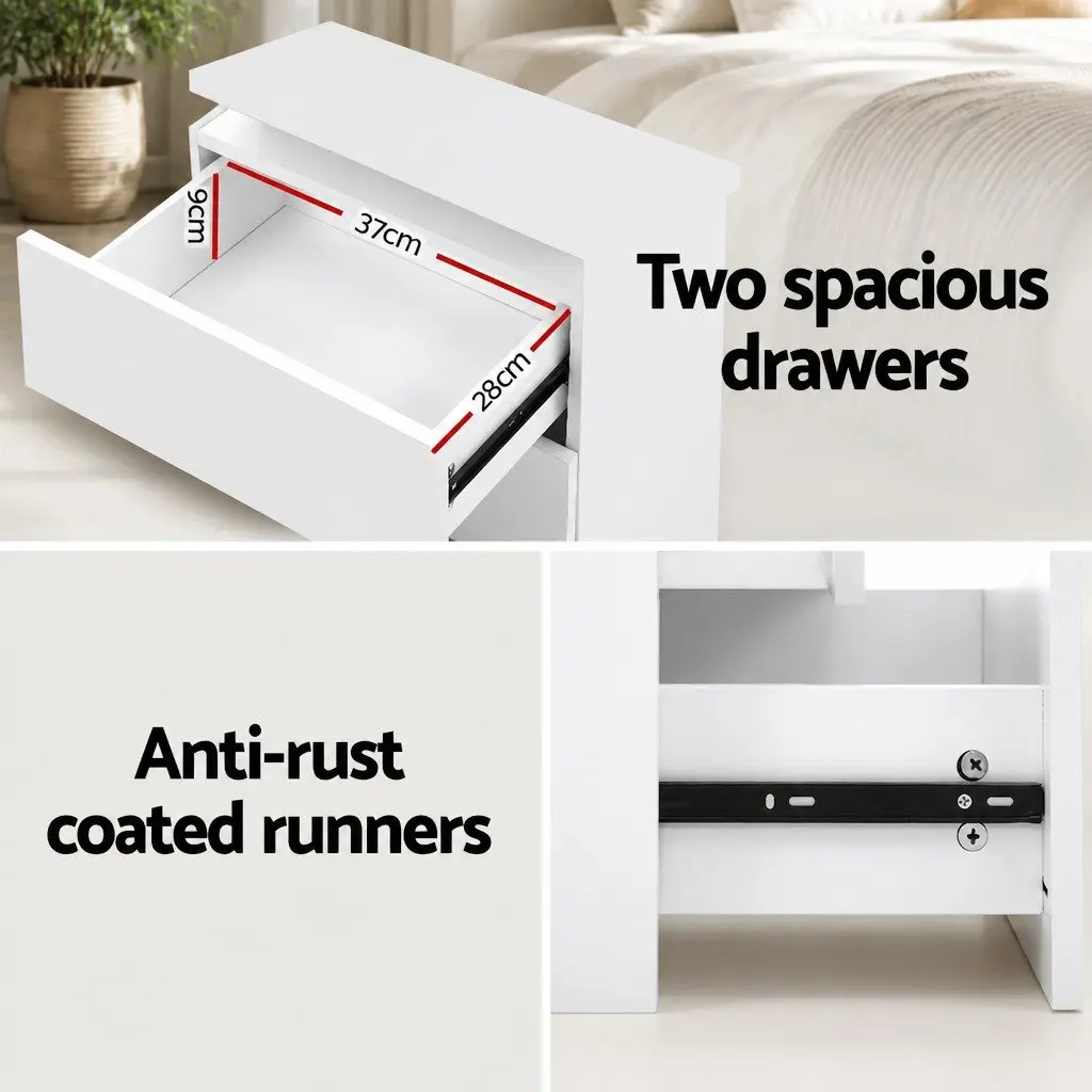 Bedside Table with LED Lights 2 Drawers Lift-up Storage White Modern Bedroom