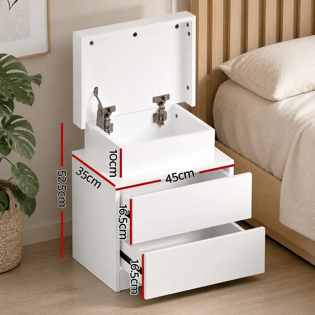 Bedside Table LED Lift-up Storage 2 Drawers White Modern Bedroom Nightstand