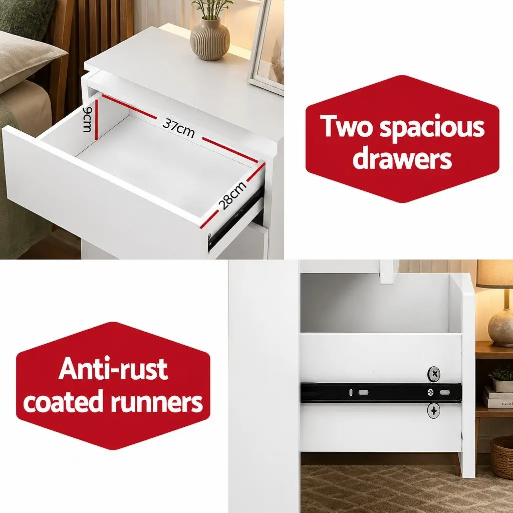 Bedside Table LED Lift-up Storage 2 Drawers White Modern Bedroom Nightstand