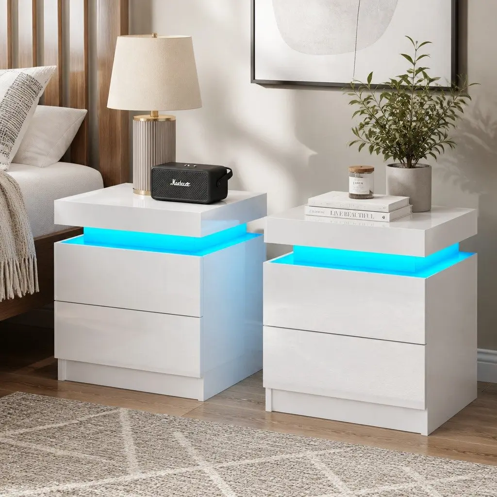 Bedside Table LED Lift-up Storage 2 Drawers White Modern Bedroom Nightstand