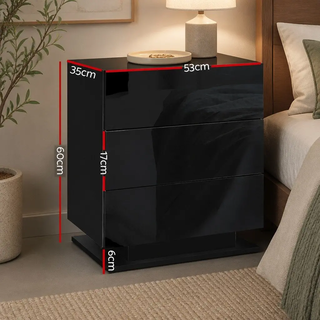 Bedside Table LED Black 3 Drawers Modern Bedroom Nightstand