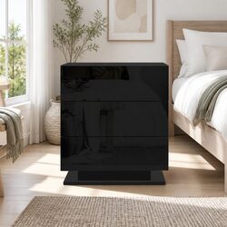 Bedside Table 3 Drawers LED Light Black Modern Bedroom Nightstand Storage