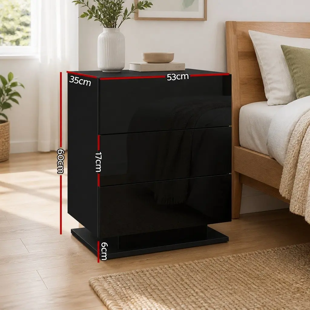 Bedside Table 3 Drawers LED Light Black Modern Bedroom Nightstand Storage