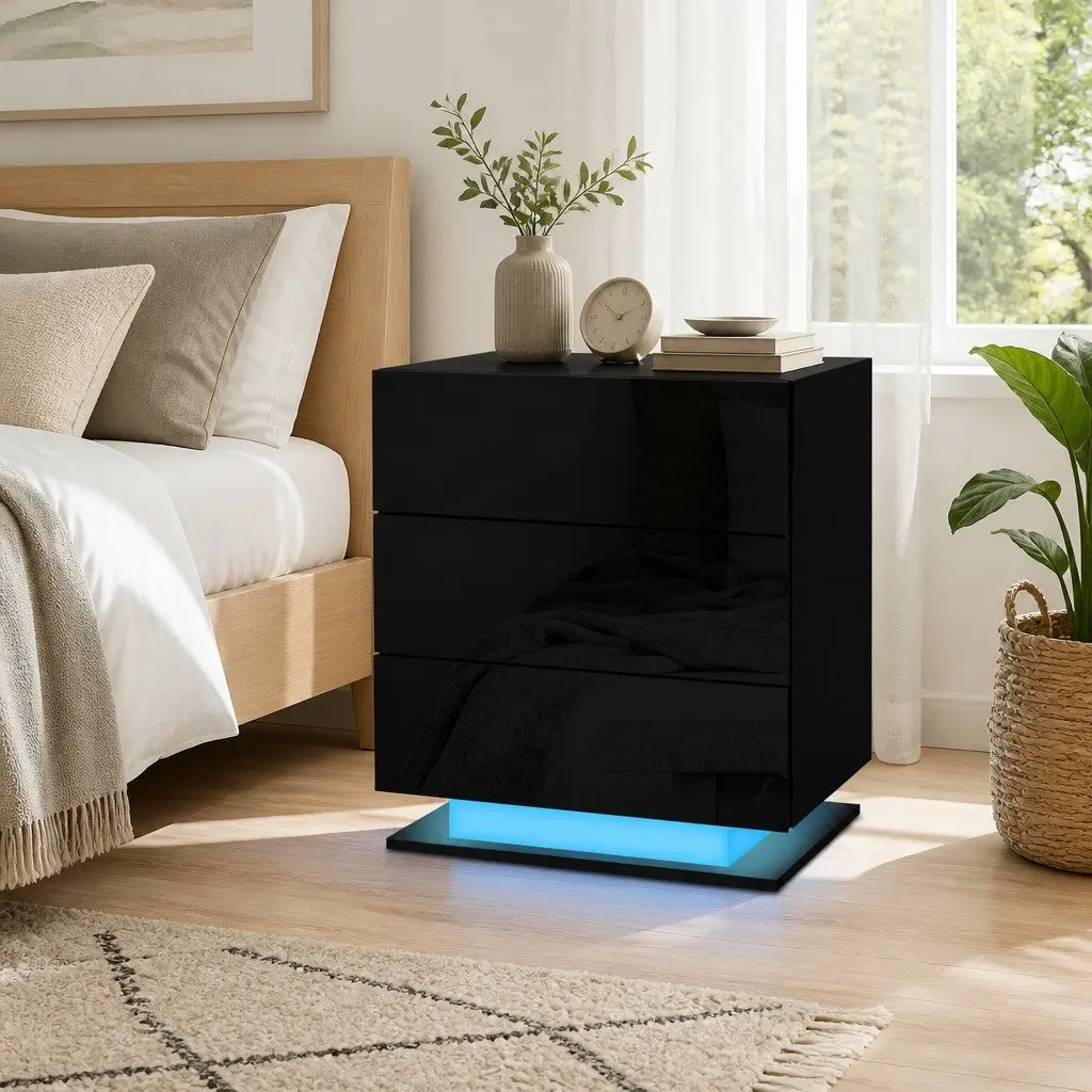 Bedside Table 3 Drawers LED Light Black Modern Bedroom Nightstand Storage