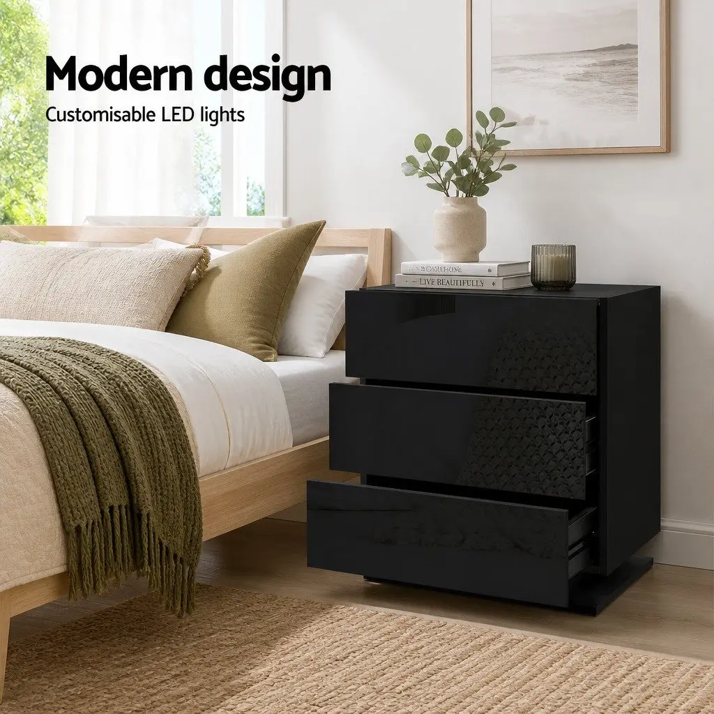 Bedside Table 3 Drawers LED Light Black Modern Bedroom Nightstand Storage