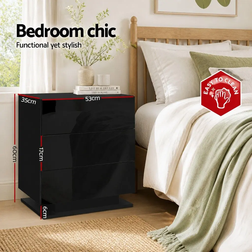 Bedside Table 3 Drawers LED Light Black Modern Bedroom Nightstand Storage
