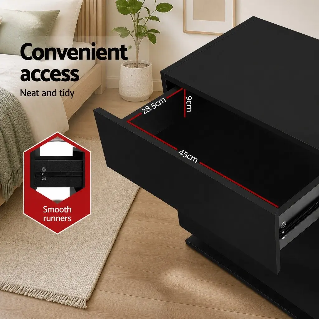 Bedside Table 3 Drawers LED Light Black Modern Bedroom Nightstand Storage