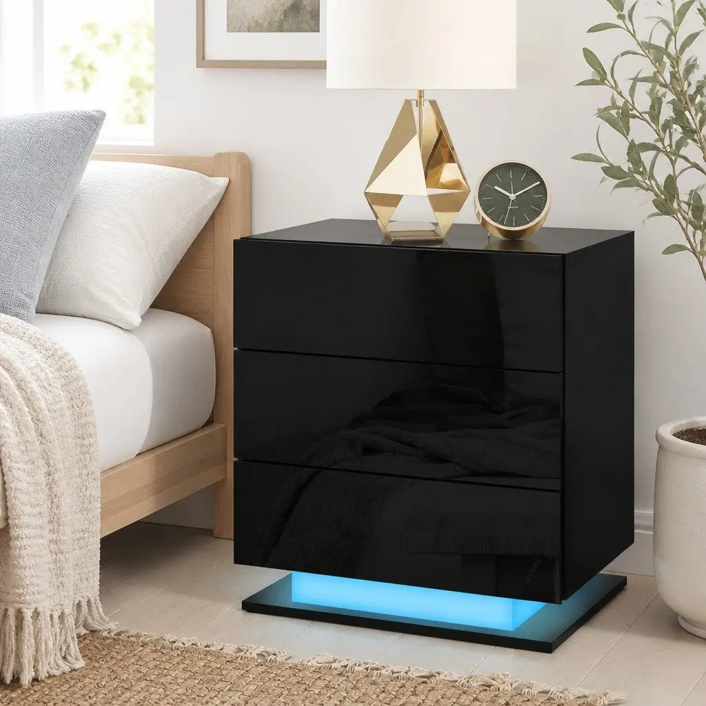 Bedside Table 3 Drawers LED Light Black Modern Bedroom Nightstand Storage
