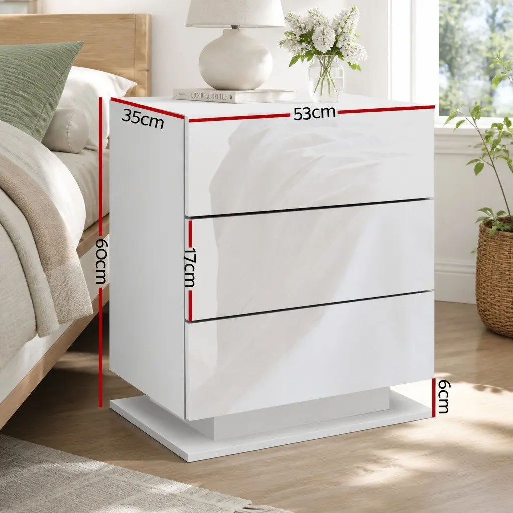 Bedside Table with LED Lighting for Bedroom 53cm W x 35cm D x 60cm H White Modern Nightstand with 3 Drawers