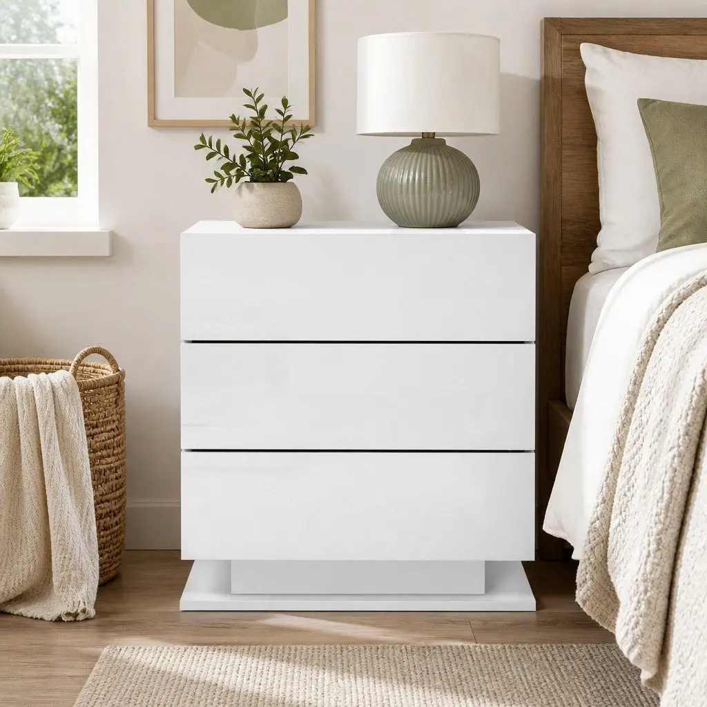 Bedside Table with LED Lighting for Bedroom 53cm W x 35cm D x 60cm H White Modern Nightstand with 3 Drawers
