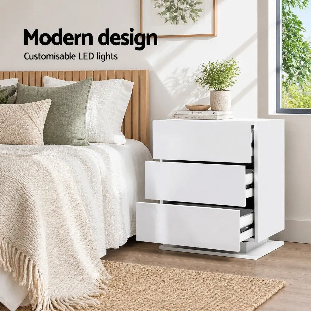 Bedside Table with LED Lighting for Bedroom 53cm W x 35cm D x 60cm H White Modern Nightstand with 3 Drawers