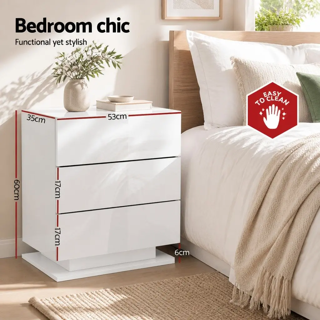 Bedside Table with LED Lighting for Bedroom 53cm W x 35cm D x 60cm H White Modern Nightstand with 3 Drawers