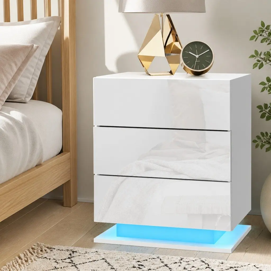 Bedside Table with LED Lighting for Bedroom 53cm W x 35cm D x 60cm H White Modern Nightstand with 3 Drawers
