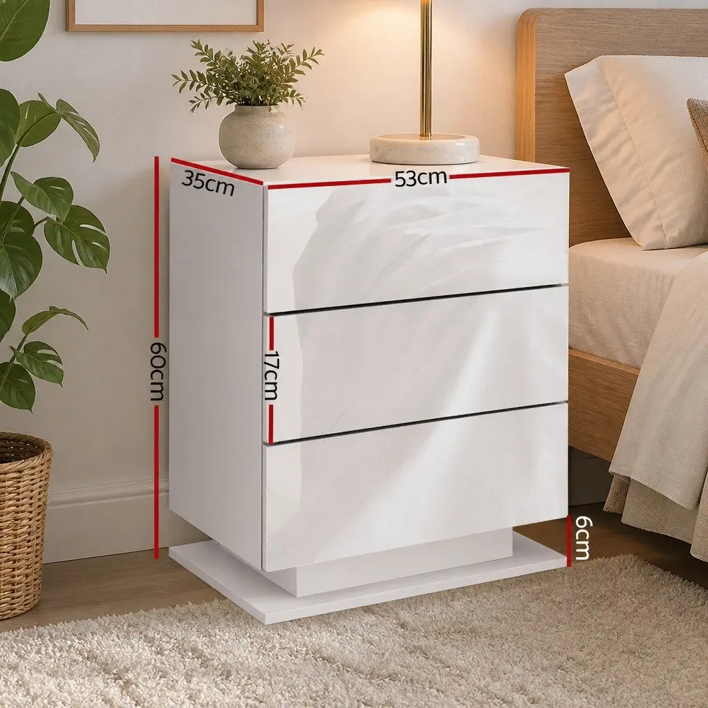 Bedside Table with LED Lighting 3 Drawers White Modern Bedroom Furniture