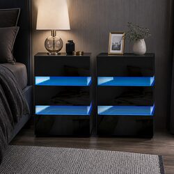 Bedside Table with LED Light 3 Drawers Black Modern Bedroom Furniture Storage