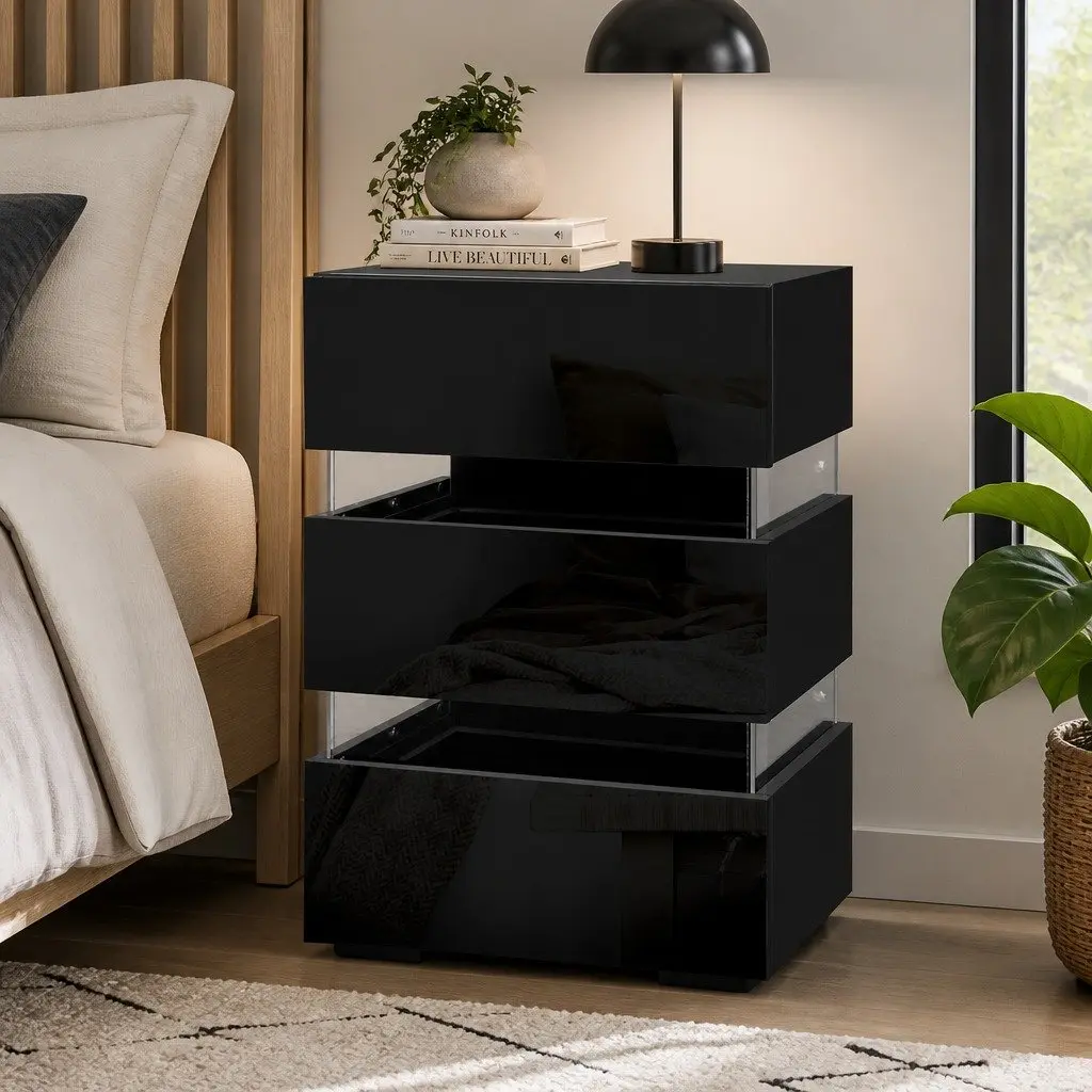 Black Bedside Table with LED & 3 Drawers