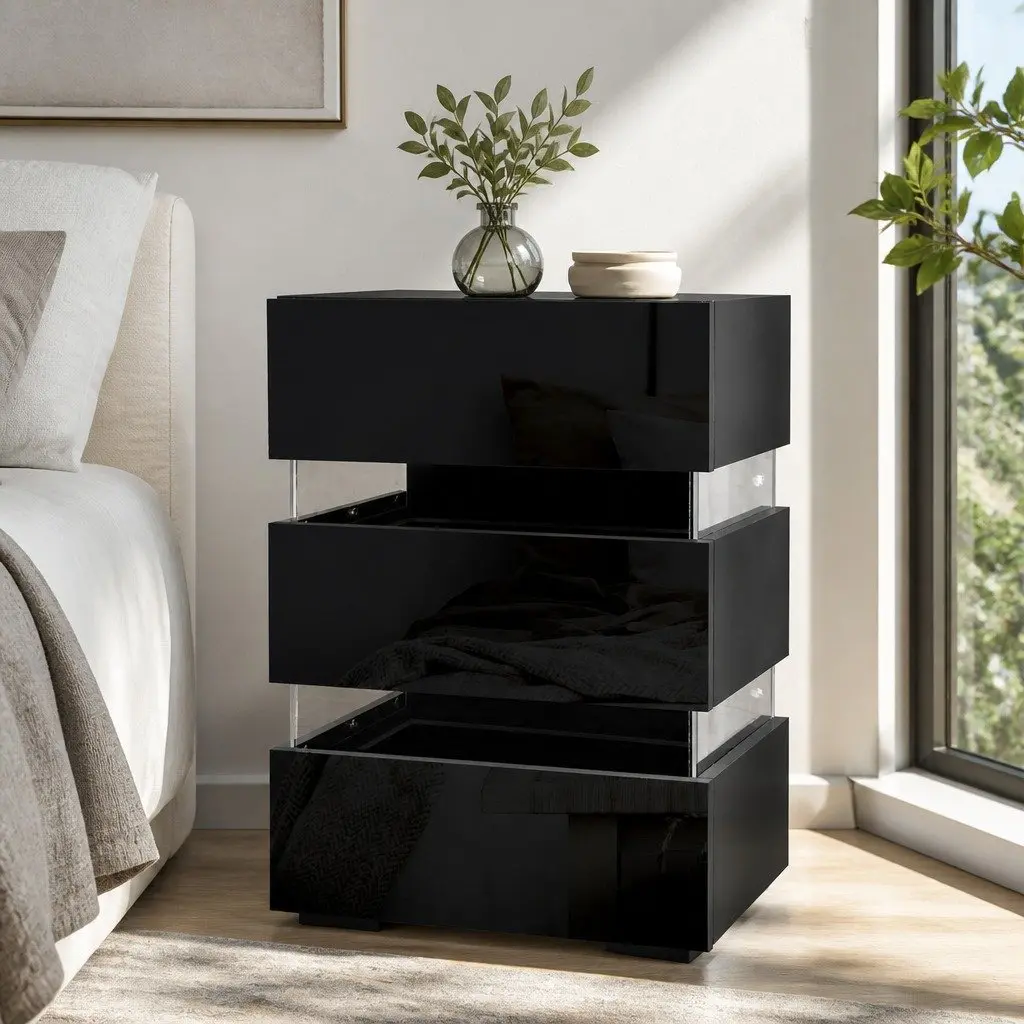 Bedside Table with LED Light for Bedroom 45cm x 35cm x 67cm Black Modern Nightstand with 3 Drawers