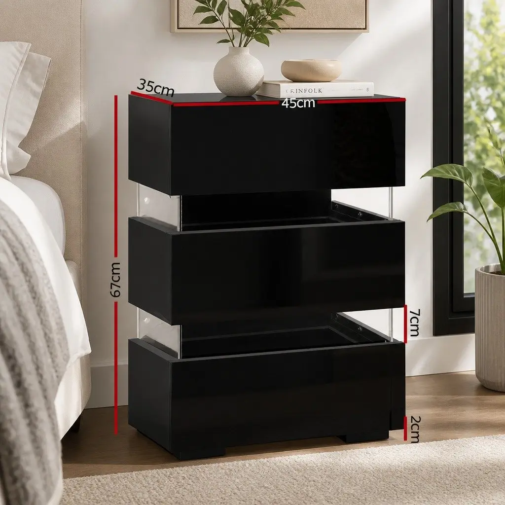 Bedside Table with LED Light for Bedroom 45cm x 35cm x 67cm Black Modern Nightstand with 3 Drawers