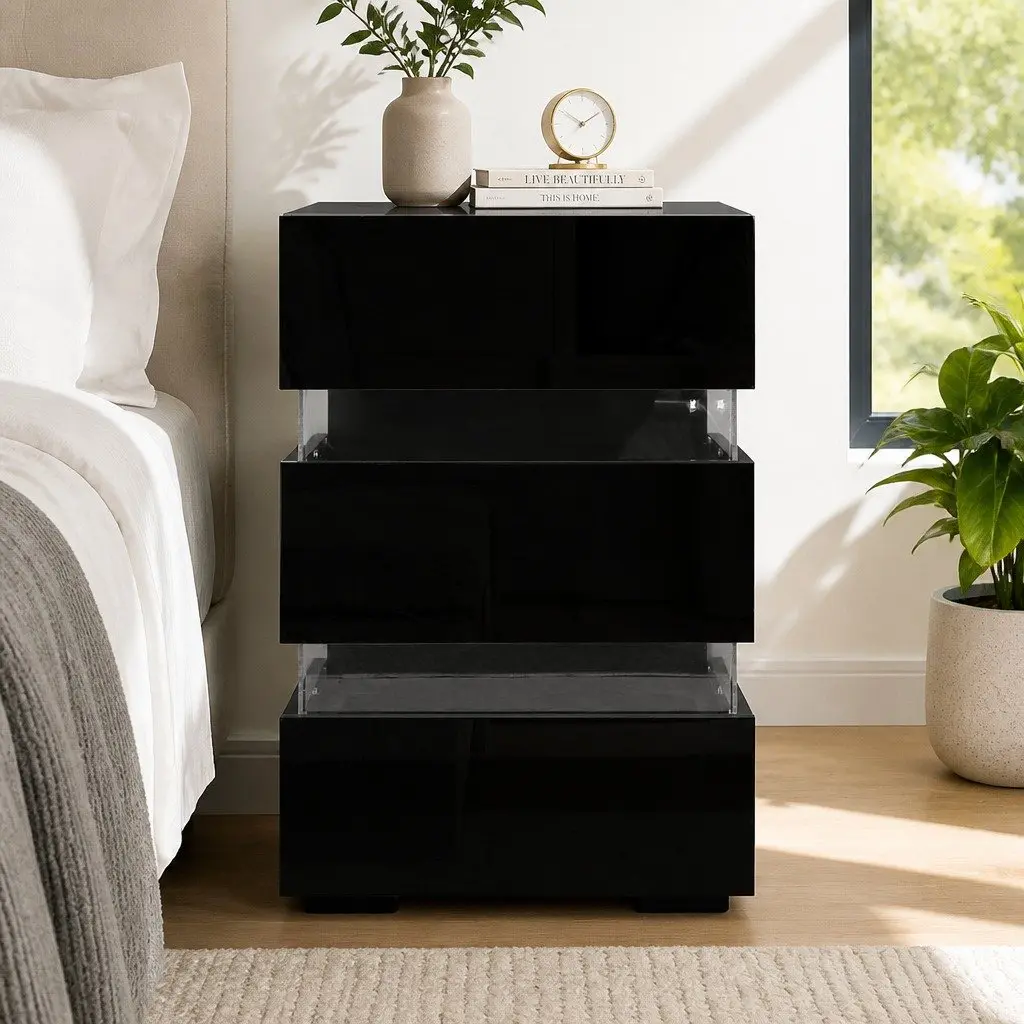 Bedside Table with LED Light for Bedroom 45cm x 35cm x 67cm Black Modern Nightstand with 3 Drawers
