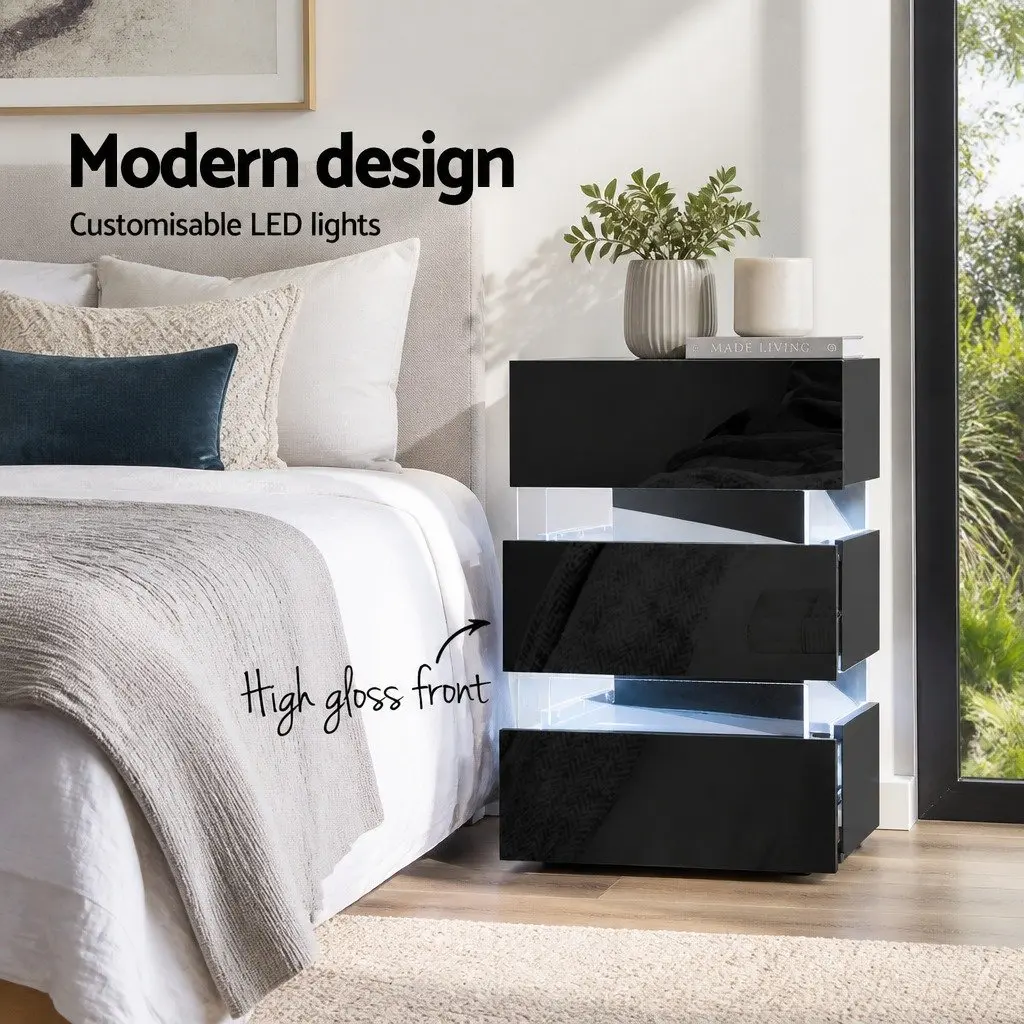 Bedside Table with LED Light for Bedroom 45cm x 35cm x 67cm Black Modern Nightstand with 3 Drawers