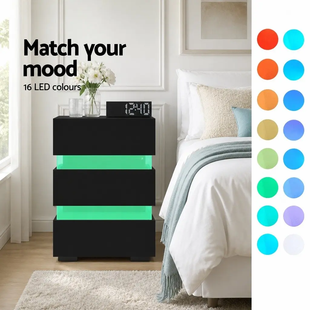Bedside Table with LED Light for Bedroom 45cm x 35cm x 67cm Black Modern Nightstand with 3 Drawers