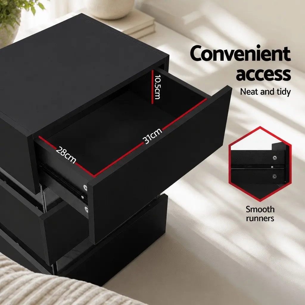 Bedside Table with LED Light for Bedroom 45cm x 35cm x 67cm Black Modern Nightstand with 3 Drawers