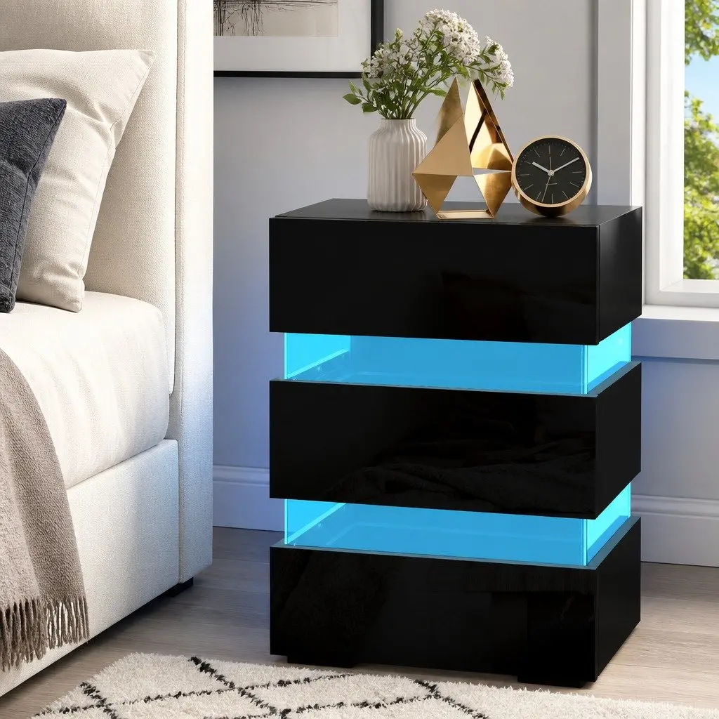 Bedside Table with LED Light for Bedroom 45cm x 35cm x 67cm Black Modern Nightstand with 3 Drawers