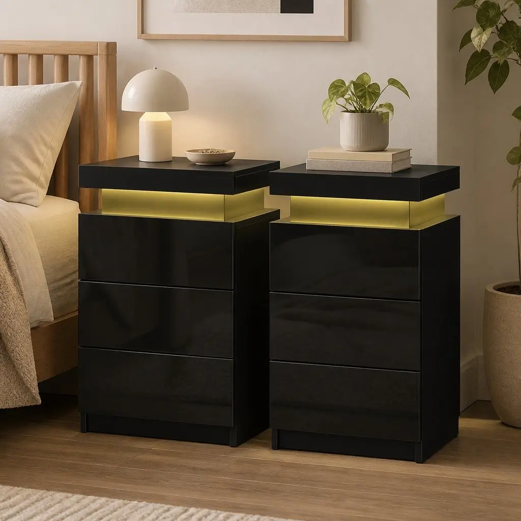 LED Bedside Table with 3 Drawers