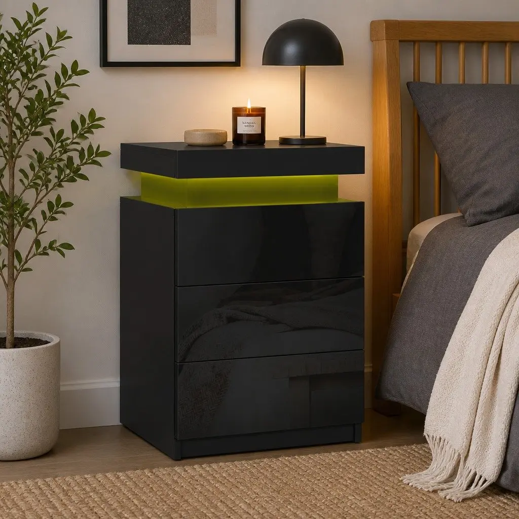 Bedside Table with LED Lighting 3 Drawers Storage Black Modern Design