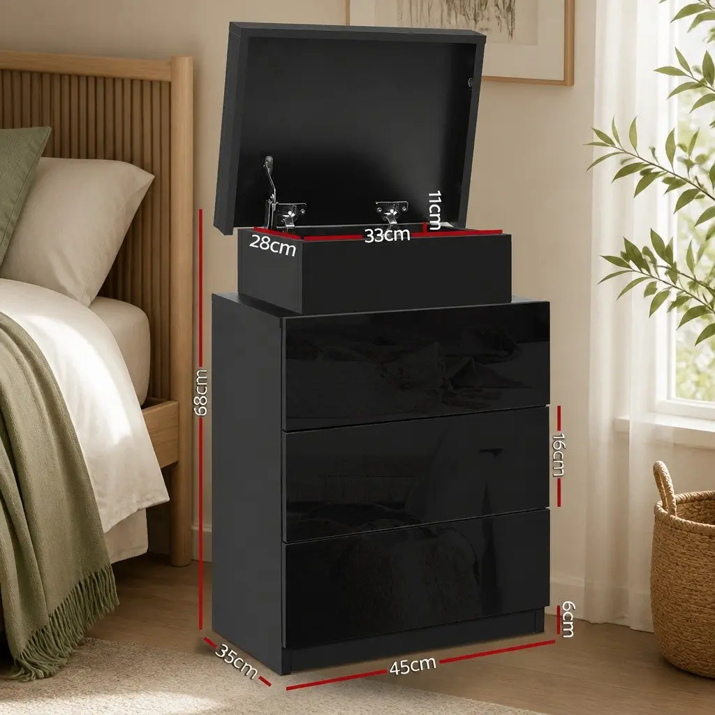 Bedside Table with LED Lighting 3 Drawers Storage Black Modern Design