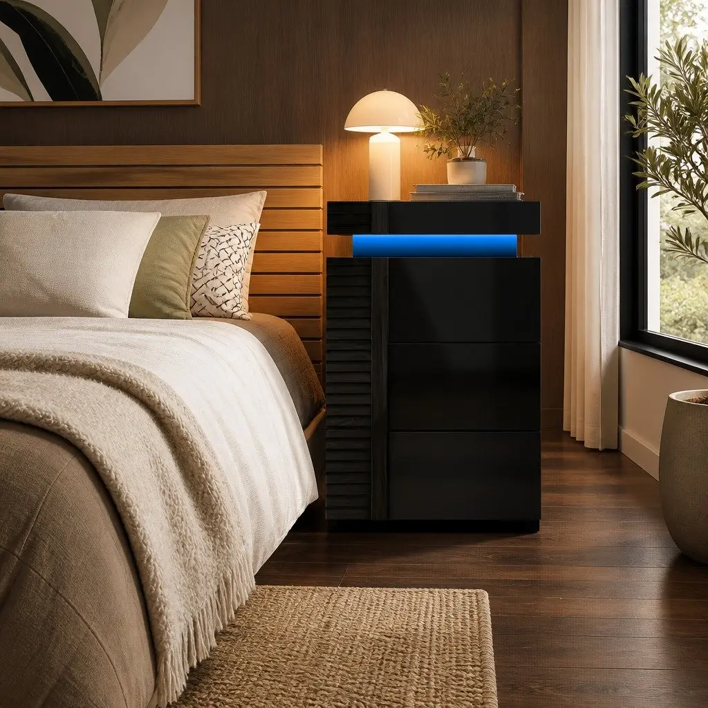 Bedside Table with LED Lighting 3 Drawers Storage Black Modern Design