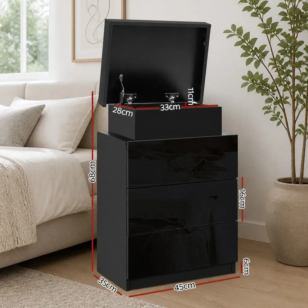 Bedside Table with LED Lighting 3 Drawers Storage Compartment Black