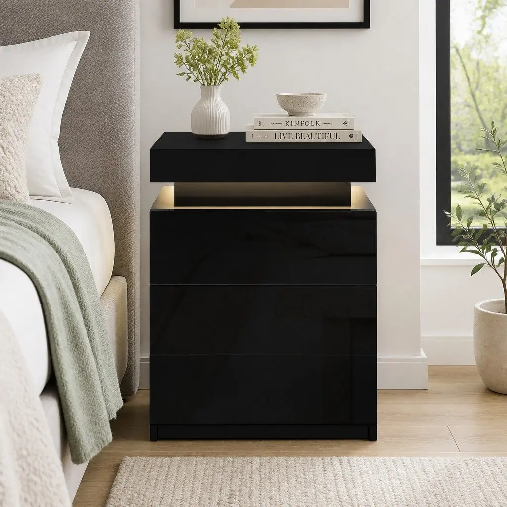 Bedside Table with LED Lighting 3 Drawers Storage Compartment Black